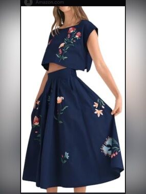 Navy Floral Two-Piece Crop Top & Maxi Skirt Set